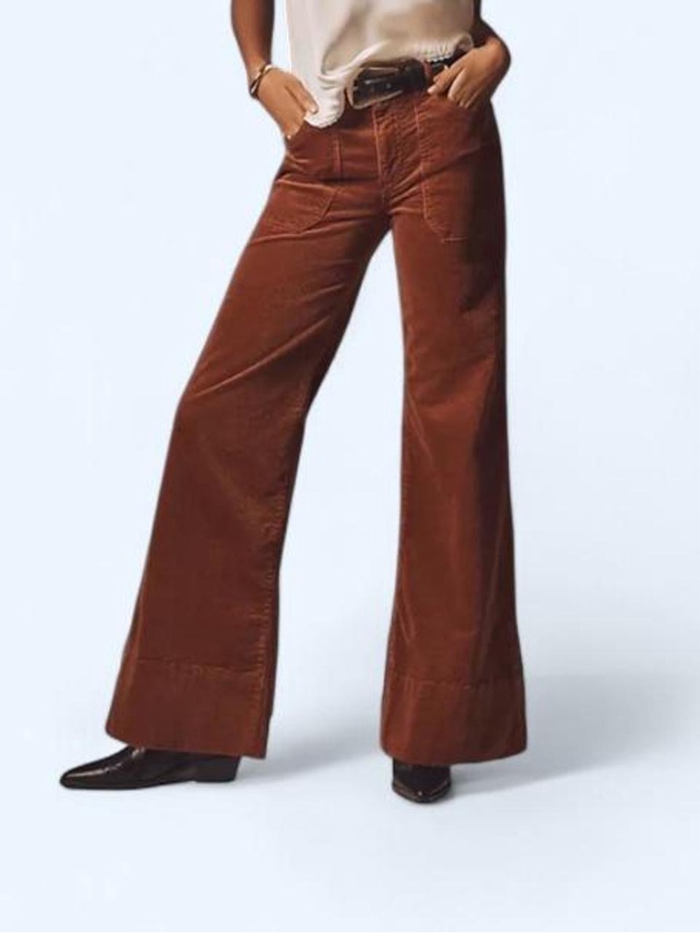 Pilcro Wide-Leg Corduroy Flare Pants in Rust Brown
